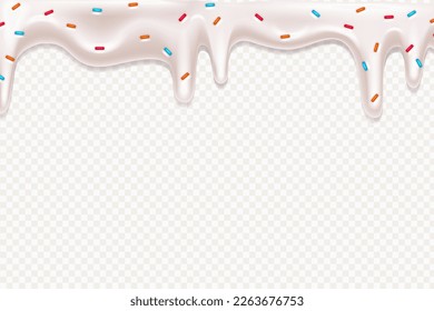 Realistic drip cream drops melt drops with sprinkles. Melted white sweet liquid splashes, glossy cream border with dripping droplets. Seamless pattern. 3d realistic vector