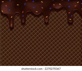 Realistic drip cream drops melt drops with sprinkles. Melted chocolate sweet liquid splashes, glossy cream border with dripping droplets. Seamless pattern. 3d realistic vector