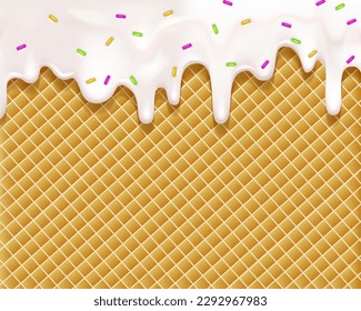 Realistic drip cream drops melt drops with sprinkles. Melted white sweet liquid splashes, glossy cream border with dripping droplets. Seamless pattern. 3d realistic vector