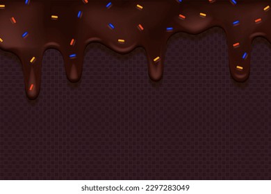 Realistic drip cream drops melt drops with sprinkles. Melted chocolate sweet liquid splashes, glossy cream border with dripping droplets. Seamless pattern. 3d realistic vector