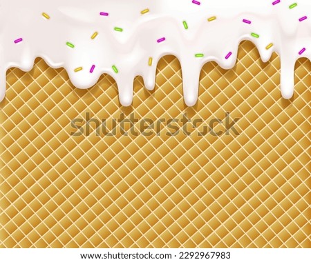 Realistic drip cream drops melt drops with sprinkles. Melted white sweet liquid splashes, glossy cream border with dripping droplets. Seamless pattern. 3d realistic vector