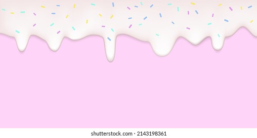 Realistic drip cream drops with sprinkles on pink background. Melted white sweet liquid splashes, glossy cream border with dripping droplets, molten texture 3d vector illustration glaze