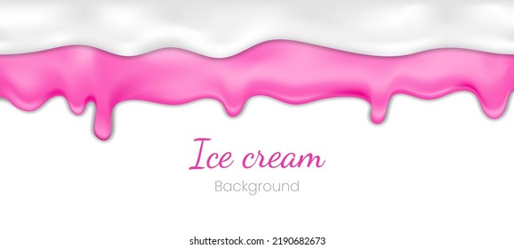 Realistic drip ice cream or frozen yogurt on white background. Syrup sweet liquid splashes, glossy cream border, molten texture 3d vector illustration Melted white and pink icing or sweet sauce drop.