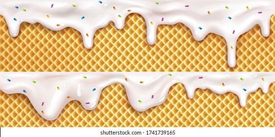 Realistic drip ice cream melted drops with sprinkles on waffle cone background. Melted white sweet liquid splashes, glossy cream border with dripping droplets, molten texture 3d vector illustration