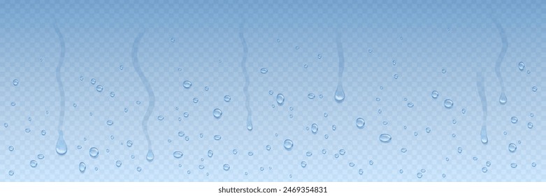 Realistic dripping drop flow dawn background. Shower dripping condensation steam texture.