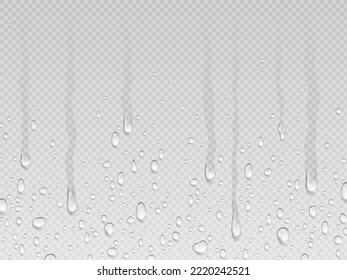 Las gotas de goteo realistas fluyen por el fondo. Caída de lluvia, textura transparente de agua. Vasos de goteo y condensados, gotas sobre el diseño vectorial de cristales