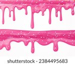Realistic dripping glaze. Pink donut icing with colored sprinkles, sweet cream or drip drop melted candy doughnut frosting border 3d texture, yogurt syrup exact vector illustration of glaze sweet