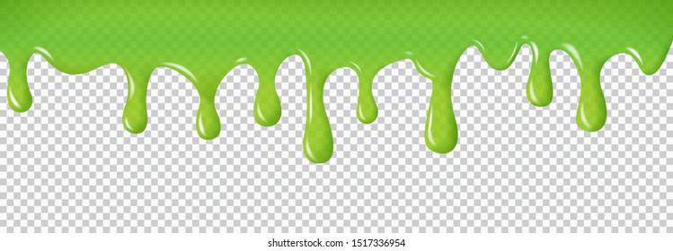 Realistic dripping slime.  Green paint drips and flowing. Radioactive splashes liquid and blobs for halloween design isolated on transparent background, vector illustration.