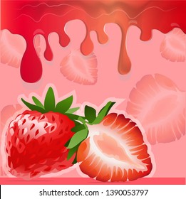 Realistic drips of strawberry jam with transparency on white background. Flowing syrup.