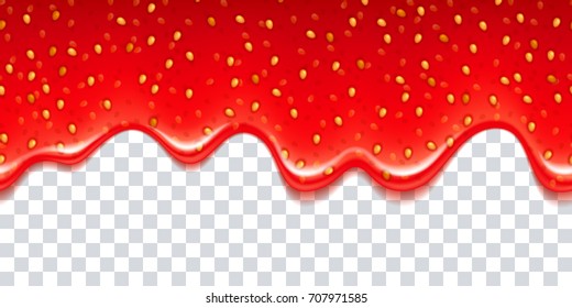 Realistic drips of strawberry jam with transparency. Sweet background. Flowing syrup.