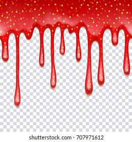 Realistic drips of strawberry jam with transparency. Sweet background. Flowing syrup.