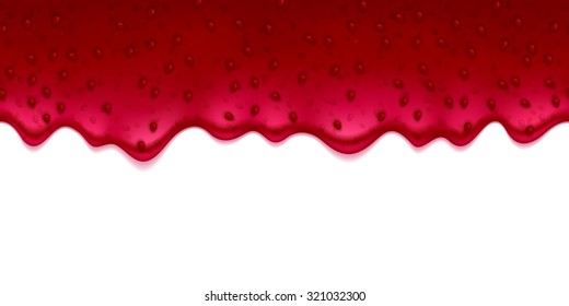Realistic drips of strawberry or raspberry currant cranberry jam on white background. Flowing liquid.