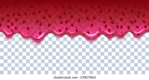 Realistic drips of strawberry or raspberry currant cranberry jam with transparency on white background. Flowing syrup.