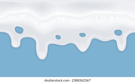 Realistic drips of white milk. Current yogurt, milk, kefir. 3D realistic milk wave border. Vector design for milk packaging, advertising and brochure.