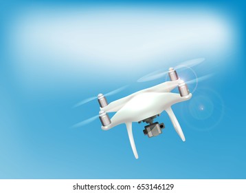 Realistic drone with camera flying in the sky. Vector illustration.
