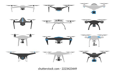 Realistic drones, flying quadcopter with remote controllers. Remote control, unmanned aerial drones set. Electronic quadcopters and robot helicopter. Vector illustration