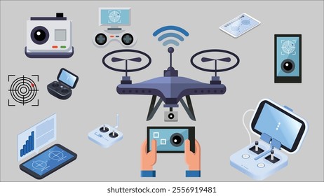 Realistic drones set, remote controllers. Remote control, location, sensors  on white background. Vector illustration.