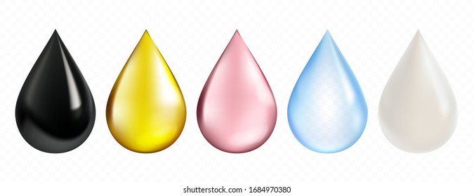 Realistic drop collection, including such items as petrol, olive oil, pink rose droplet, water and milk. High quality vector illustration for Your design.