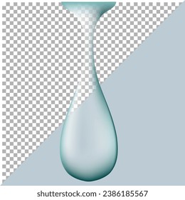 Realistic drop of falling water liquid isolated on transparent and blue background. Transparent drop of pure water, blue cosmetic serum, vector