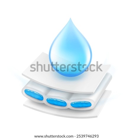 Realistic drop with layered absorbent core that shows prevents leaking. Vector illustration isolated on white background. Perfect for hygiene product and absorbent materials. EPS10.
