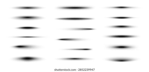 Realistic drop shadows and horizontal drop shadow effects. Oval bottom shading lines, 3D page dividers and soft blurred gradient edges. Dark floating object underlays, web design graphic elements and paper separation lines for layout structures.