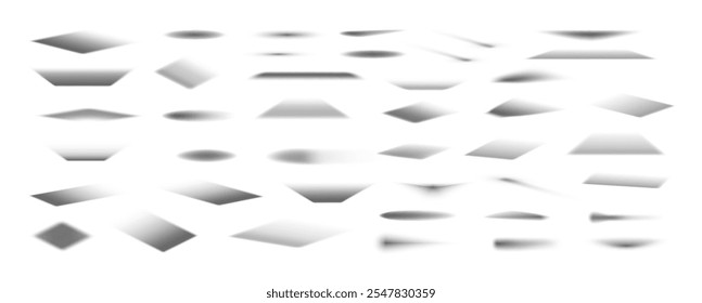 Realistic drop shadows from various shapes, different angles and sizes. Set of effects in perspective, isometric, front view. Realistic drop shadow - round, square, rectangular and oval. Vector set