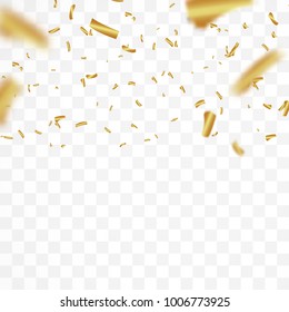 The realistic drop of  shiny confetti glitters in gold. New Year, birthday, design element of the Valentine's Day. Holiday design on a transparent background.