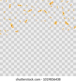The realistic drop of  shiny confetti glitters in gold. New Year, birthday, design element of the Valentine's Day. Holiday design confetti on a transparent background.