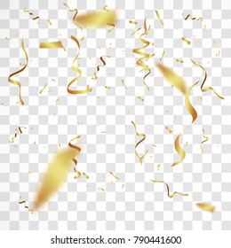 The realistic drop of  shiny confetti glitters in gold. New Year, birthday, design element of the Valentine's Day. Holiday design on a transparent background.