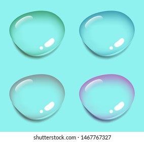 Realistic drop of water. Vector illustration in 4 colors on blue background. Transparent drop with the light reflection and shadow. 
