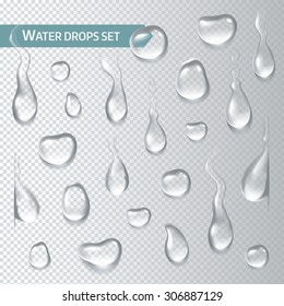 Realistic droplets water on transparent background. Vector illustration
