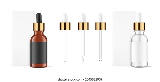 Realistic dropper bottle mockup with cardboard packaging box  isolated on white background.Vector illustration.  Сan be used for cosmetic, medical and other needs. EPS10.