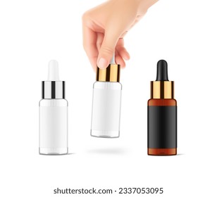 Realistic dropper bottle mockup with hand. Vector illustration isolated on white background. Сan be used for cosmetic, medical and other needs. EPS10.