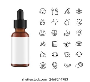 Realistic dropper bottle mockup isolated on white background with set icons for pet hemp oil, cbd. Vector illustration. Сan be used for cosmetic, medical and other needs. EPS10.