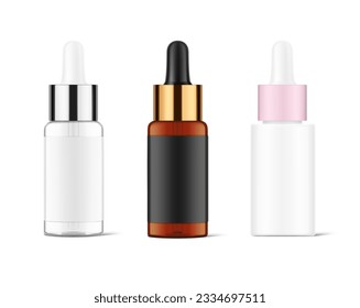 Broma realista de botellas de cuentagotas. Ilustración vectorial aislada en fondo blanco. С puede utilizarse para necesidades cosméticas, médicas y de otro tipo. EPS10.