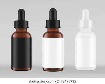 Realistic dropper bottle mockups set isolated on grey background. Vector illustration. Сan be used for cosmetic, medical and other needs. EPS10.	