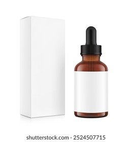 Realistic dropper bottle with paperboard box mockups isolated on white background. Vector illustration. Сan be used for cosmetic, medical and other needs. EPS10.	