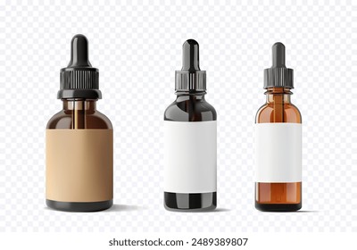 Realistic Dropper Bottles, Product Packaging Design. Isolated Vector Brown, Black, and Amber Glass Bottles with Blank Labels on Transparent Background, Symbolizing Health and Beauty Products