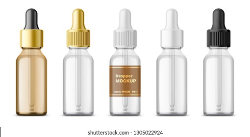 Realistic dropper glass bottle set. Cosmetic blank vials for liquid drug. transparent bottles template with colorful glossy and matt cap. 3d Vector mockup package isolated on white background