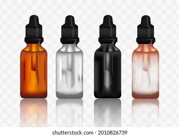 Realistic dropper glass bottle set. Cosmetic blank vials for liquid drug. transparent bottles template with colorful glossy and matt cap. 3d Vector mockup package isolated on white background