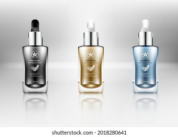 Realistic dropper glass bottle set. Cosmetic blank vials for liquid drug. transparent bottles template with colorful glossy and matt cap. 3d Vector mockup package isolated on white background