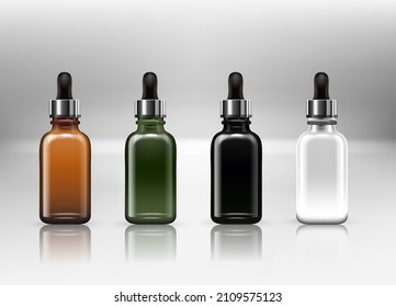 Juego de botellas de vidrio de cuentagotas. Viales en blanco cosmético para fármaco líquido. plantilla de frascos transparentes con tapa colorida y brillante. 3.d Paquete de simulación de vectores aislado en fondo blanco