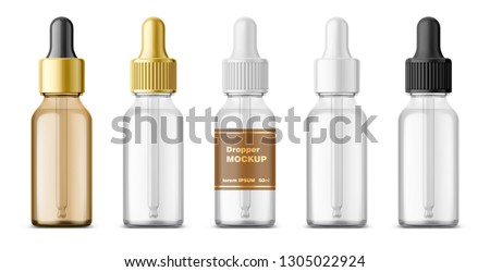 Realistic dropper glass bottle set. Cosmetic blank vials for liquid drug. transparent bottles template with colorful glossy and matt cap. 3d Vector mockup package isolated on white background