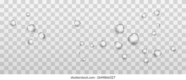 Realistic drops on a transparent background. Rain and dew. Realistic vector water drops png on a transparent light background, water drop, drops, droplets.Vector.