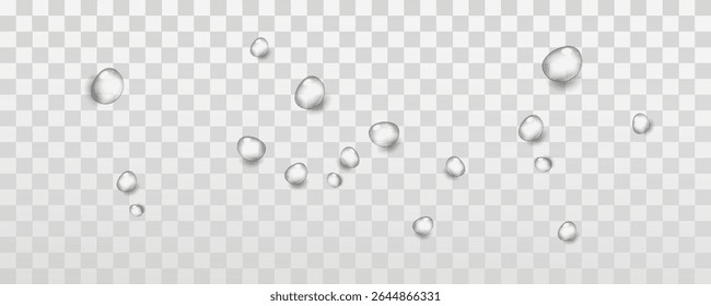 Quedas realistas em um fundo transparente. Chuva e orvalho. Vetor realista gotas de água png em um fundo de luz transparente, gota de água, gotas, droplets.Vetor.