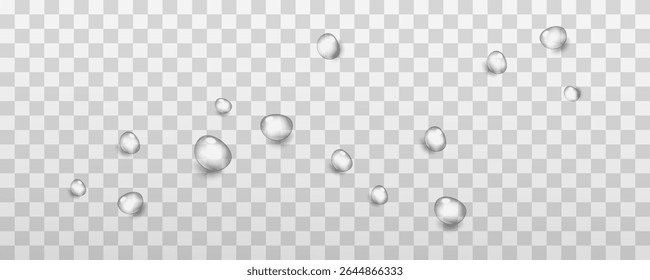 Realistic drops on a transparent background. Rain and dew. Realistic vector water drops png on a transparent light background, water drop, drops, droplets.Vector.