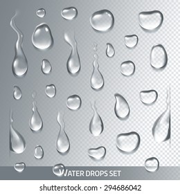 Realistic drops pure, clear water on light gray background. Isolated vector