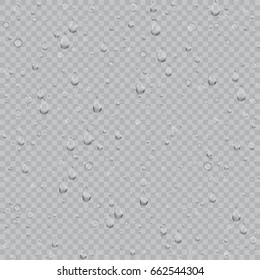 Realistic drops pure, clear water on light gray background. Clean drop condensation illustration.