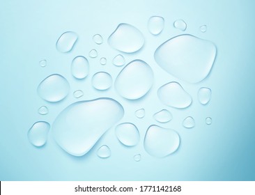 Realistic drops of pure water on a blue background. The real effect of transparency. Vector illustration EPS10