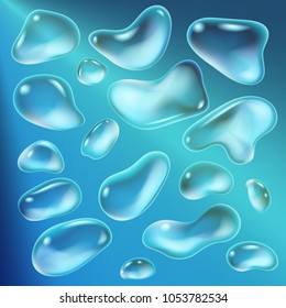 Realistic drops of a rain on a blue background in the form of glass. Abstract set. Vector illustration.